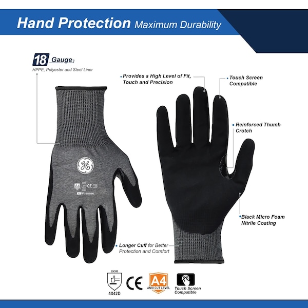 Guantes de microespuma con recubrimiento de nitrilo GE, calibre 18, 1 par, XL - GG225XLC