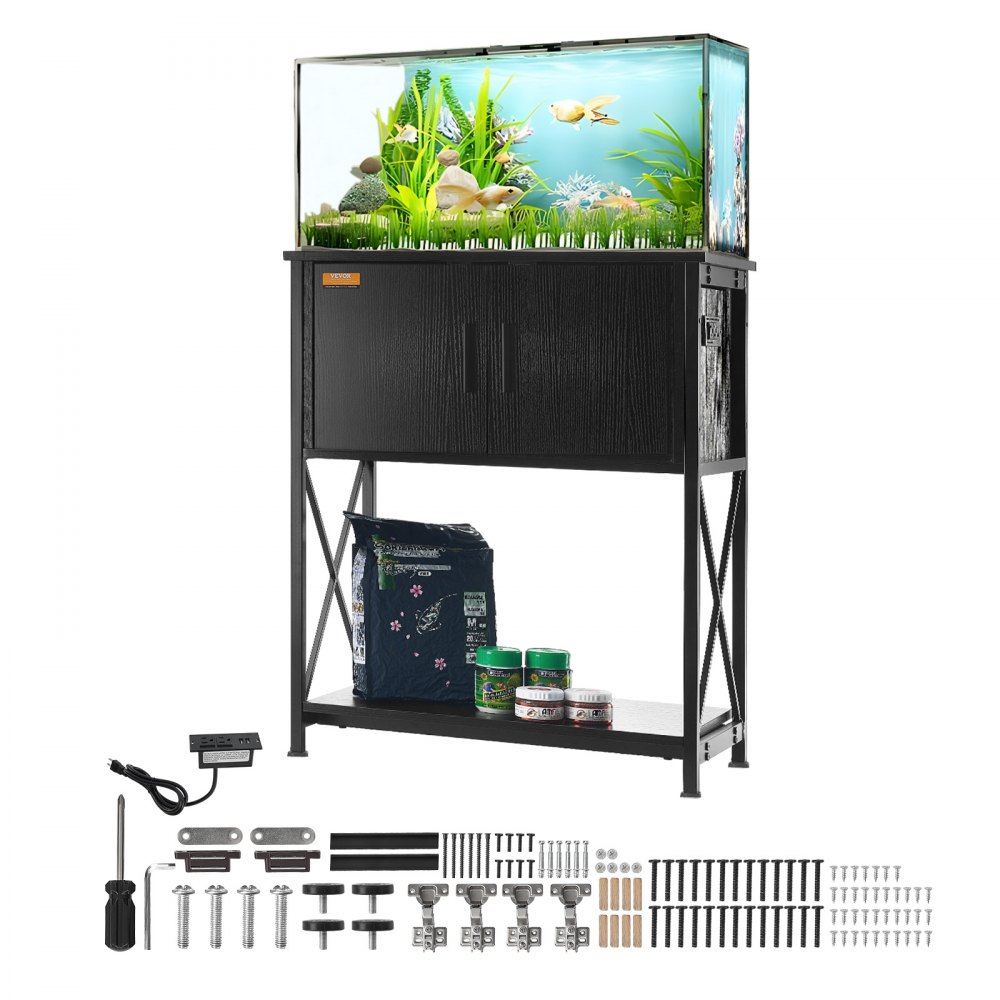 VEVOR Aquarium Stand, 20 Gallon Fish Tank Stand, 25.6 x 16.5 x 31.9 in Steel and MDF Turtle Tank Stand, 167.6 lbs Load Capacity, Reptile Tank Stand with Storage Cabinet and Embedded Power Panel, Black - GMZSZXZJMBXGS21QGV1