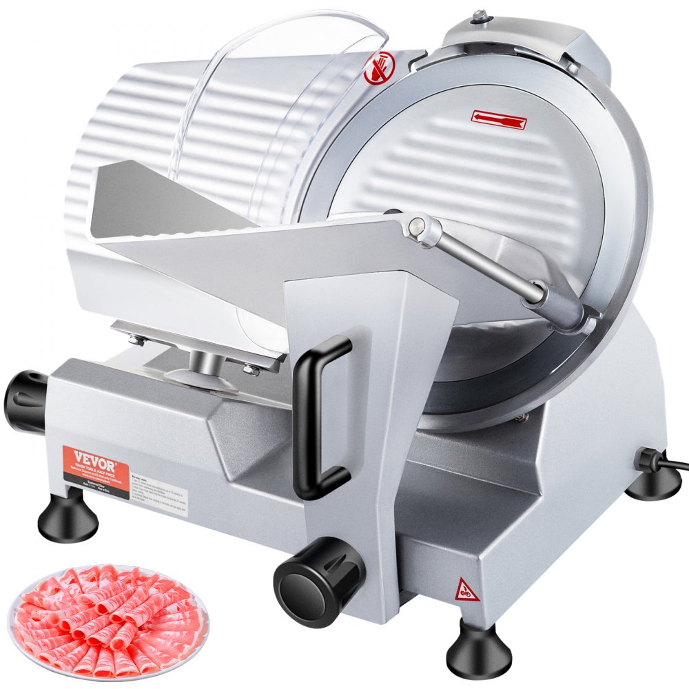 VEVOR 240W Commercial Meat Slicer, Electric Deli Food Slicer, 10" Carbon Steel Blade Electric Food Slicer, 350-400RPM Meat Slicer, 0 - 0.47 inch Thickness Adjustable for Commercial and Home Use - SYDRQPJ240W1ZUOPAV1