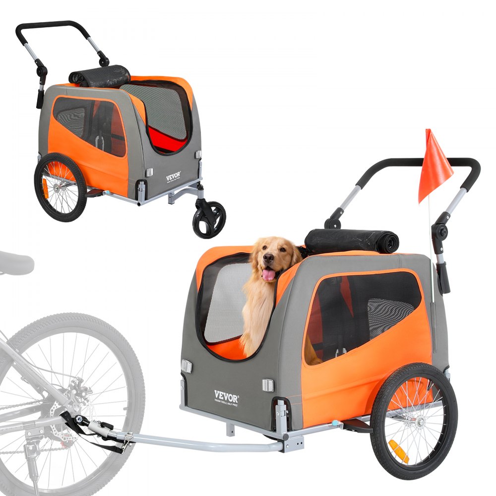 VEVOR Dog Bike Trailer, Supports up to 66 lbs, 2-in-1 Pet Stroller Cart Bicycle Carrier, Easy Folding Cart Frame with Quick Release Wheels, Universal Bicycle Coupler, Reflectors, Flag, Orange/Gray - TCTCLYSCWZXCMJR9ZV0