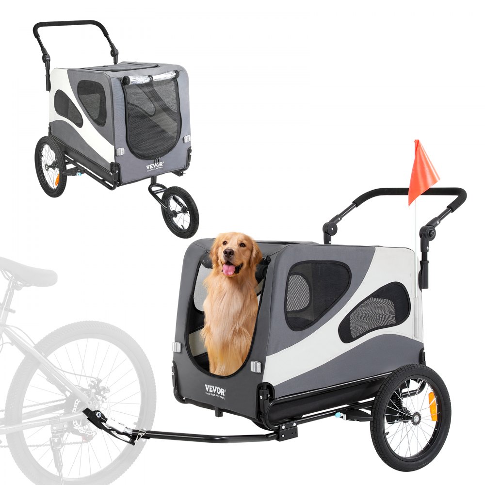 VEVOR Dog Bike Trailer, Supports up to 100 lbs, 2-in-1 Pet Stroller Cart Bicycle Carrier, Easy Folding Cart Frame with Quick Release Wheels, Universal Bicycle Coupler, Reflectors, Flag, Black/Gray - TCTCLYSCWZXCDVEUBV0