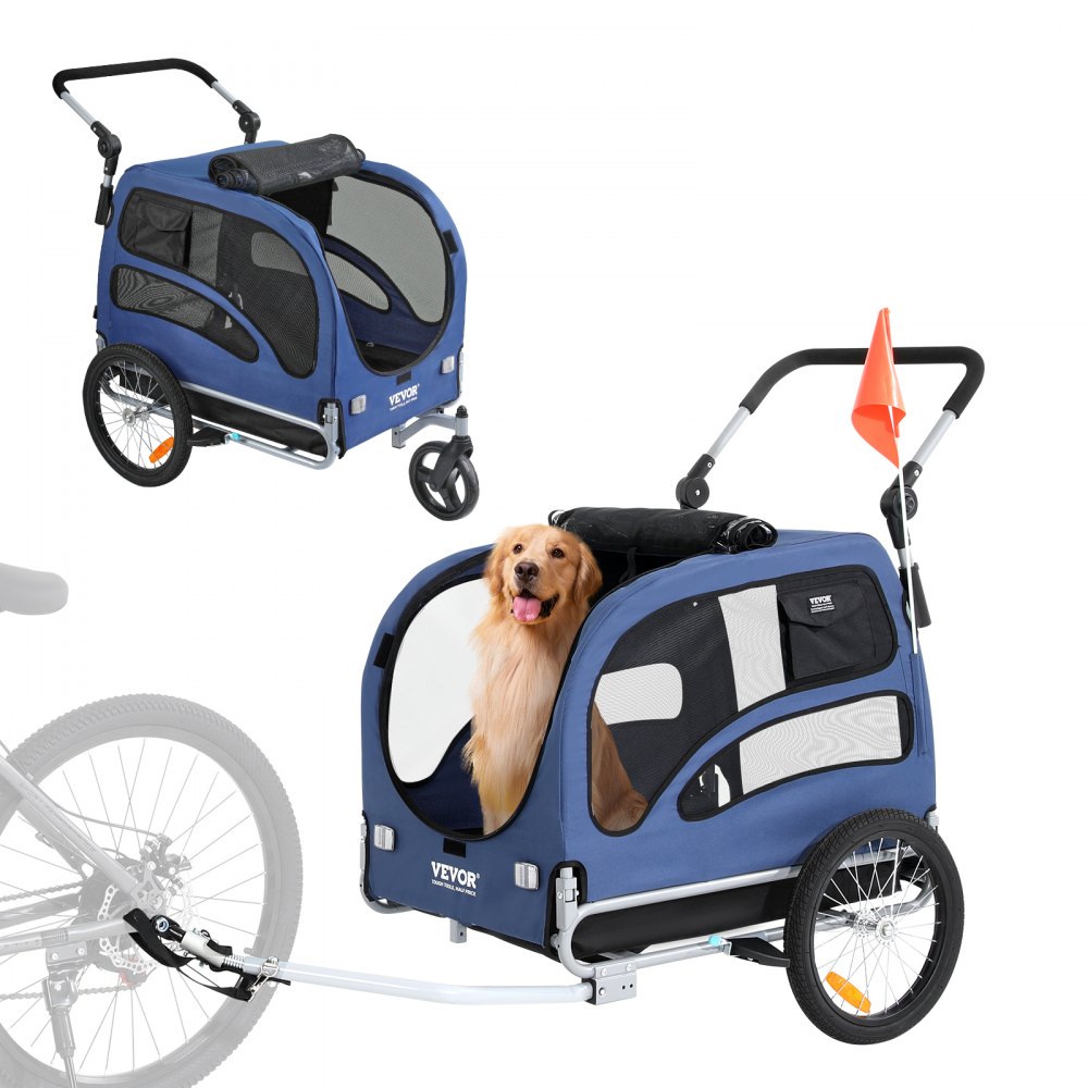 VEVOR Dog Bike Trailer, Supports up to 100 lbs, 2-in-1 Pet Stroller Cart Bicycle Carrier, Easy Folding Cart Frame with Quick Release Wheels, Universal Bicycle Coupler, Reflectors, Flag, Blue/Black - TCTCLYSCWZXCFH21DV0