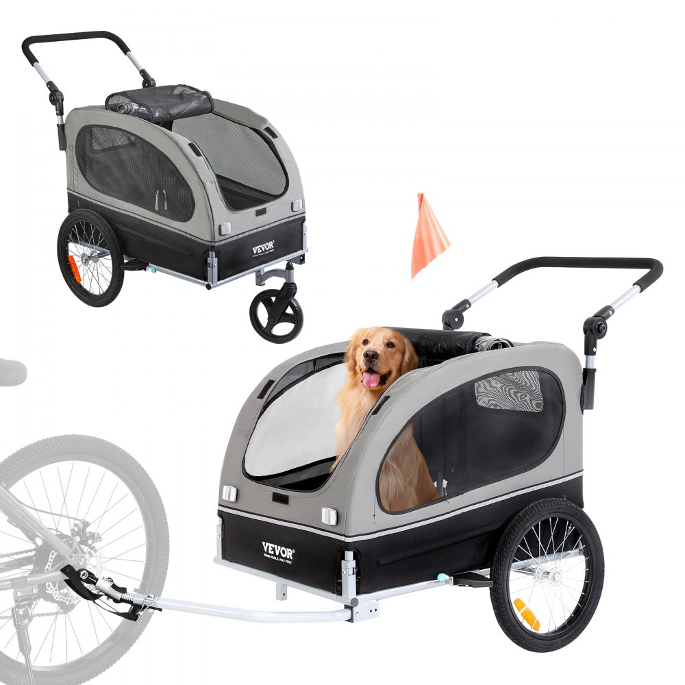 VEVOR Dog Bike Trailer, Supports up to 88 lbs, 2-in-1 Pet Stroller Cart Bicycle Carrier, Easy Folding Cart Frame with Quick Release Wheels, Universal Bicycle Coupler, Reflectors, Flag, Black/Gray - TCTCLYSCWZXCSF5IBV0