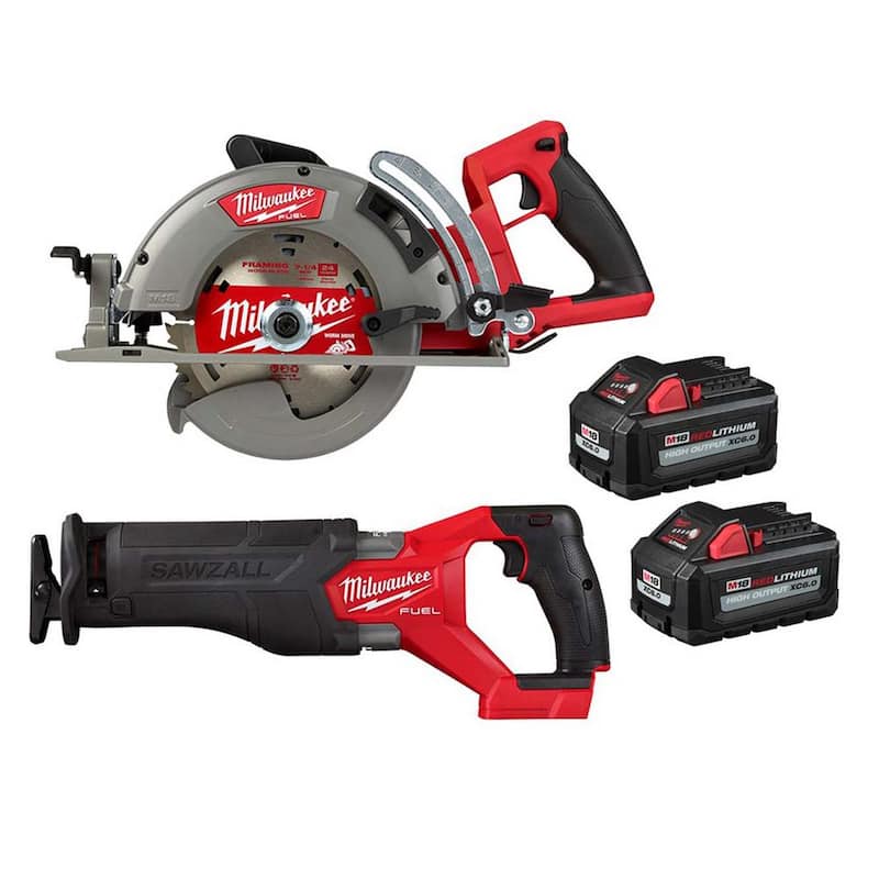 Sierra circular inalámbrica Milwaukee M18 FUEL 18V de 7-1/4 pulgadas con mango trasero y recortadora SAWZALL, dos baterías de alto rendimiento de 6 Ah (2 herramientas) - 2830-20-2821-20-48-11-1862.
