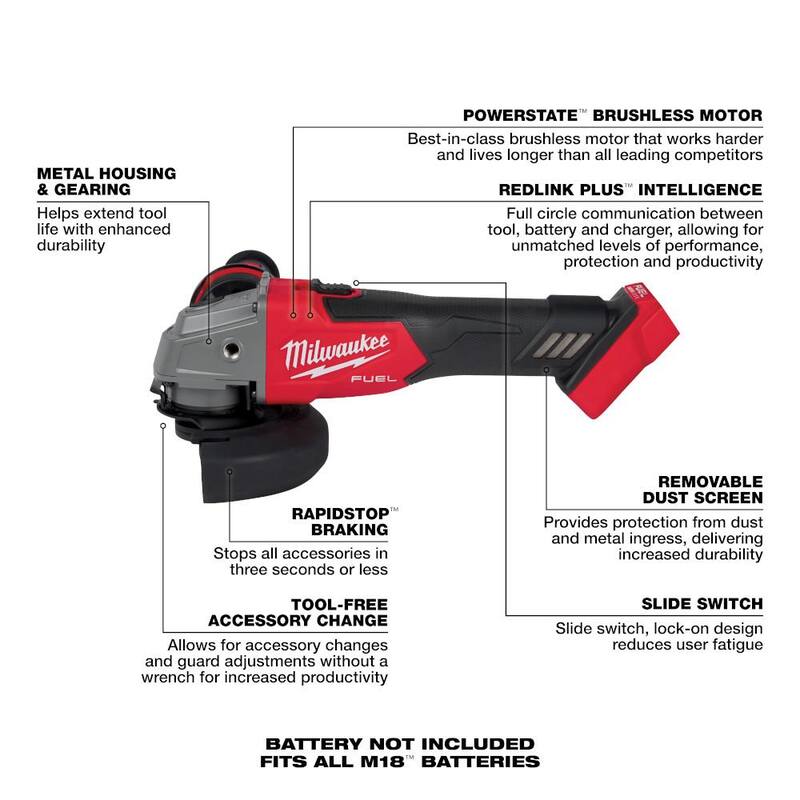 Milwaukee M18 FUEL 18V Lithium-Ion Brushless Cordless 4-1/2 in./5 in. Amoladora con interruptor deslizante (Solo herramienta) - 2881-20