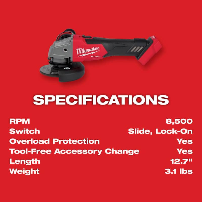 Milwaukee M18 FUEL 18V Lithium-Ion Brushless Cordless 4-1/2 in./5 in. Amoladora con interruptor deslizante (Solo herramienta) - 2881-20
