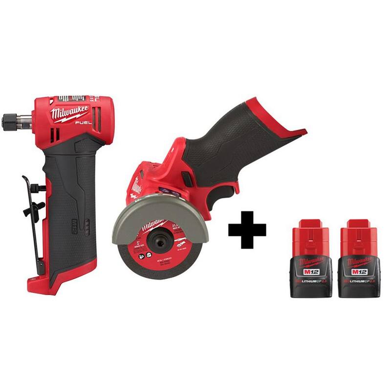 Esmeriladora angular recta y sierra de corte Milwaukee M12 FUEL de 12V con batería de iones de litio sin escobillas y 1/4 pulgadas inalámbrica con 2 baterías - 2485-20-2522-20-48-11-2420X2.