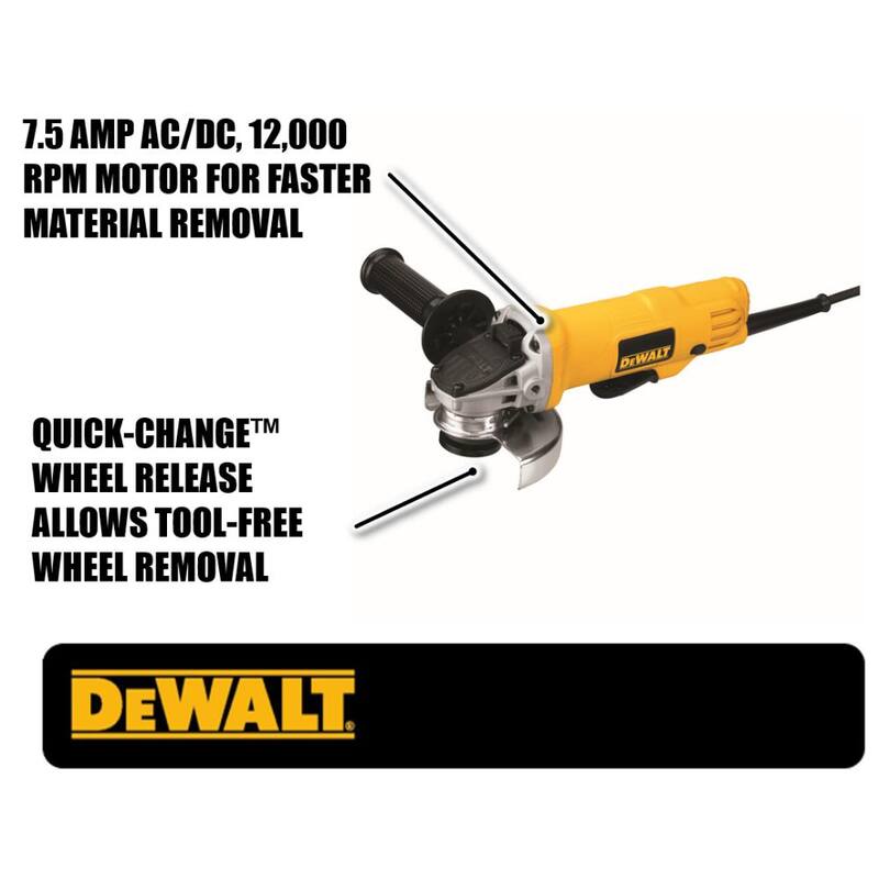 DEWALT 7.5 Amperios 4.5 pulgadas. Rectificadora angular pequeña con interruptor de paleta con cable de 12,000 RPM - DWE4012