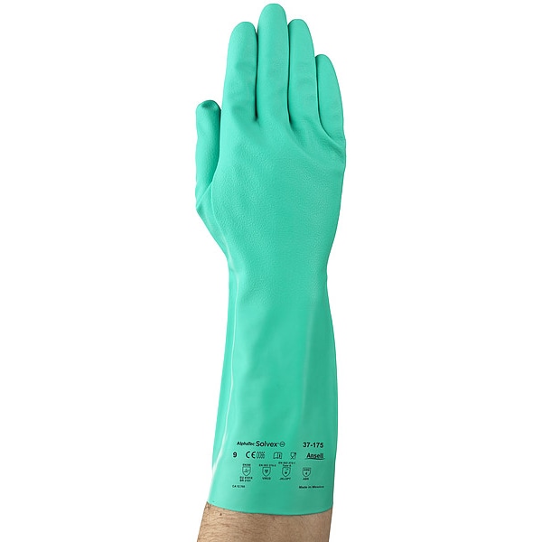 Guantes resistentes a químicos Ansell Alphatec Solvex, espesor 18.11, forro de felpa, 13 pulgadas de largo, color verde, talla 10 - 37-175.
