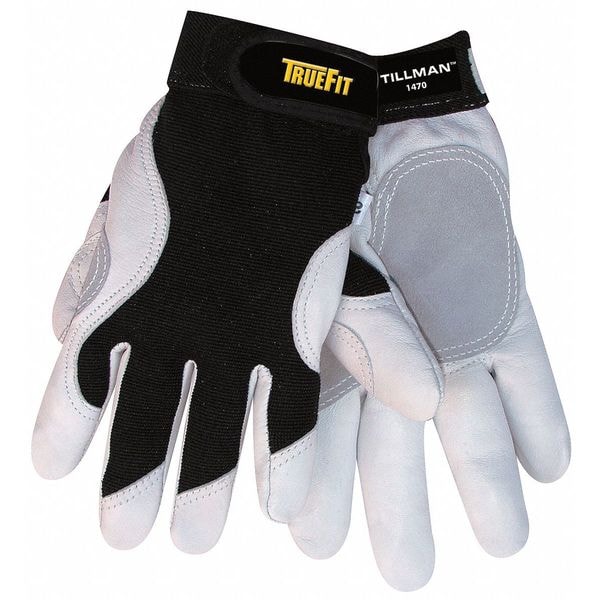 Guantes de trabajo Tillman TrueFit de piel de primera calidad, cabra/elastano, sin forro, pulgar alado, negro/blanco, grande, 1 par - 1470L