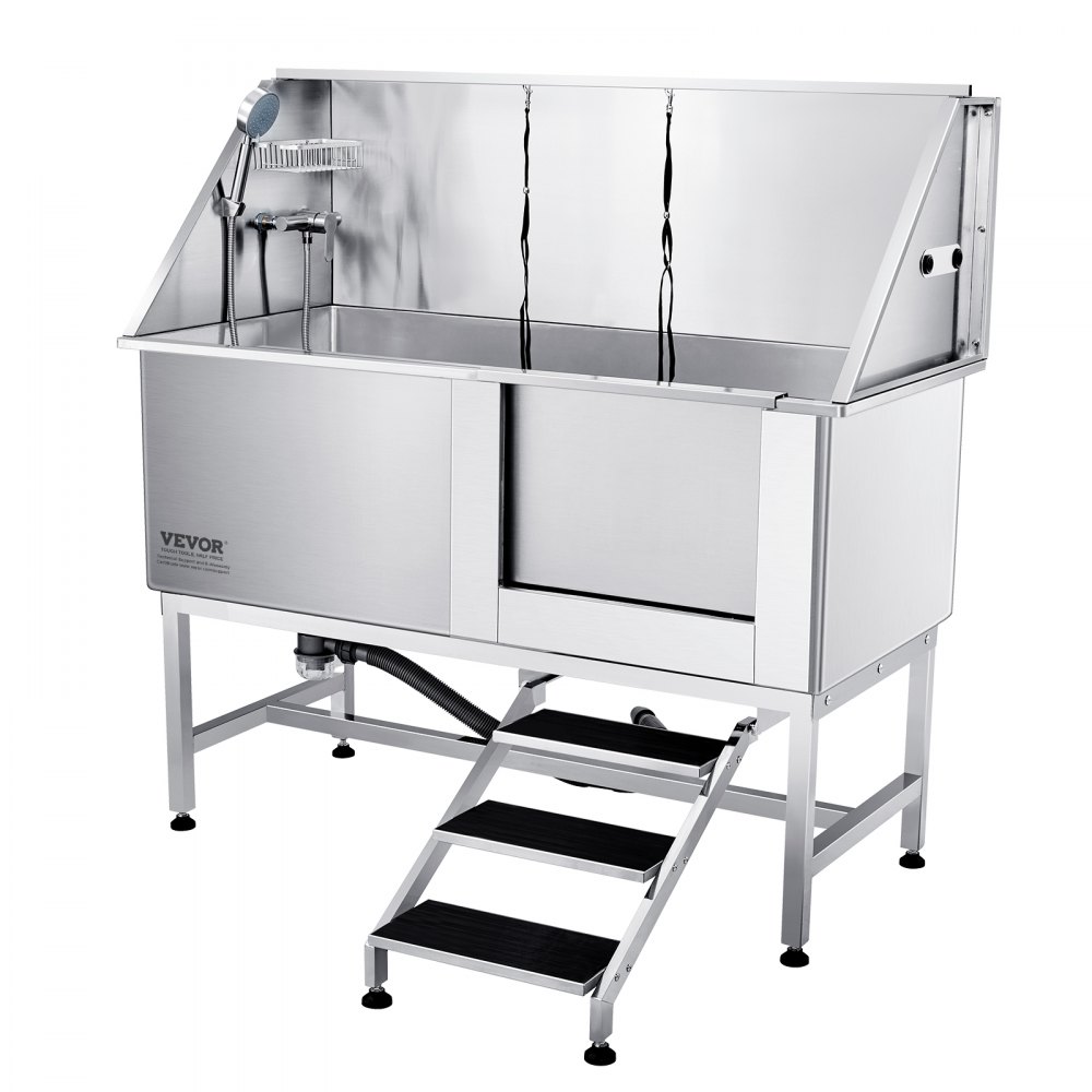VEVOR 62" Pet Dog Bathing Station w/Stairs, Professional Stainless Steel Dog Grooming Tub w/ Soap Box, Faucet,Rich Accessory,Bathtub for Large,Medium,Small Pet, Washing Sink for Home(Right) - BXGCWYG62YKM2ATAYV0