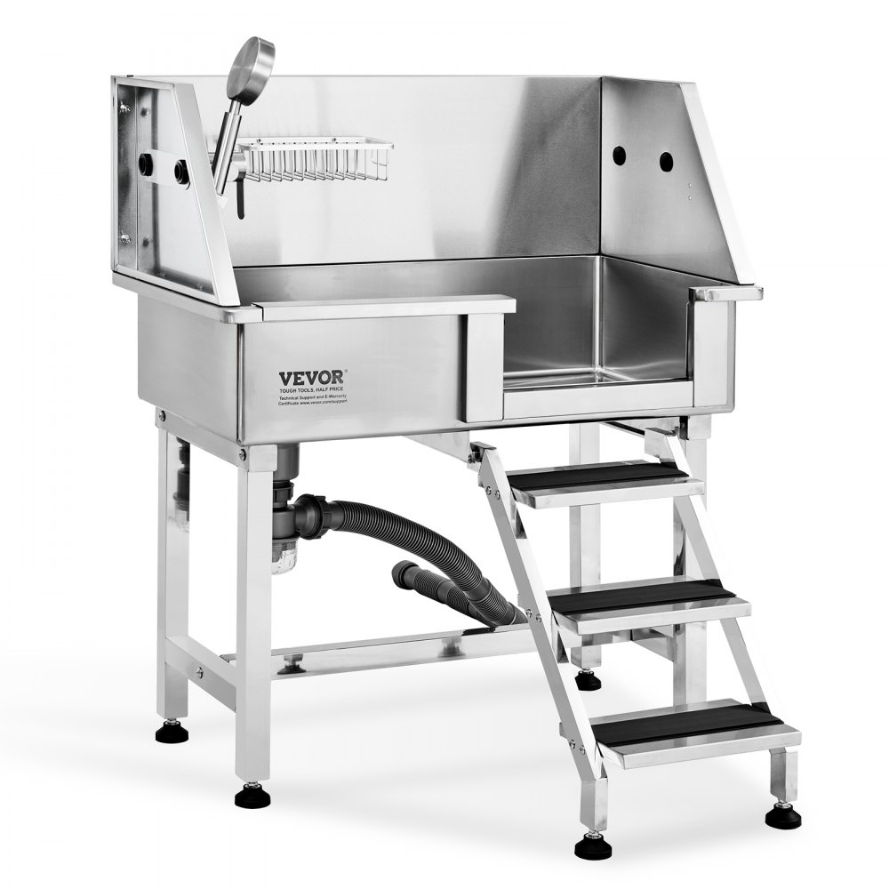 VEVOR 34" Pet Dog Bathing Station w/Ramp, Professional Stainless Steel Dog Grooming Tub w/ Storage Drawer, Faucet,Rich Accessory, Dog Bathtub for Large,Medium,Small Pets, Washing Sink for Home(Right) - BXGCWYG34YHL6K6EOV0