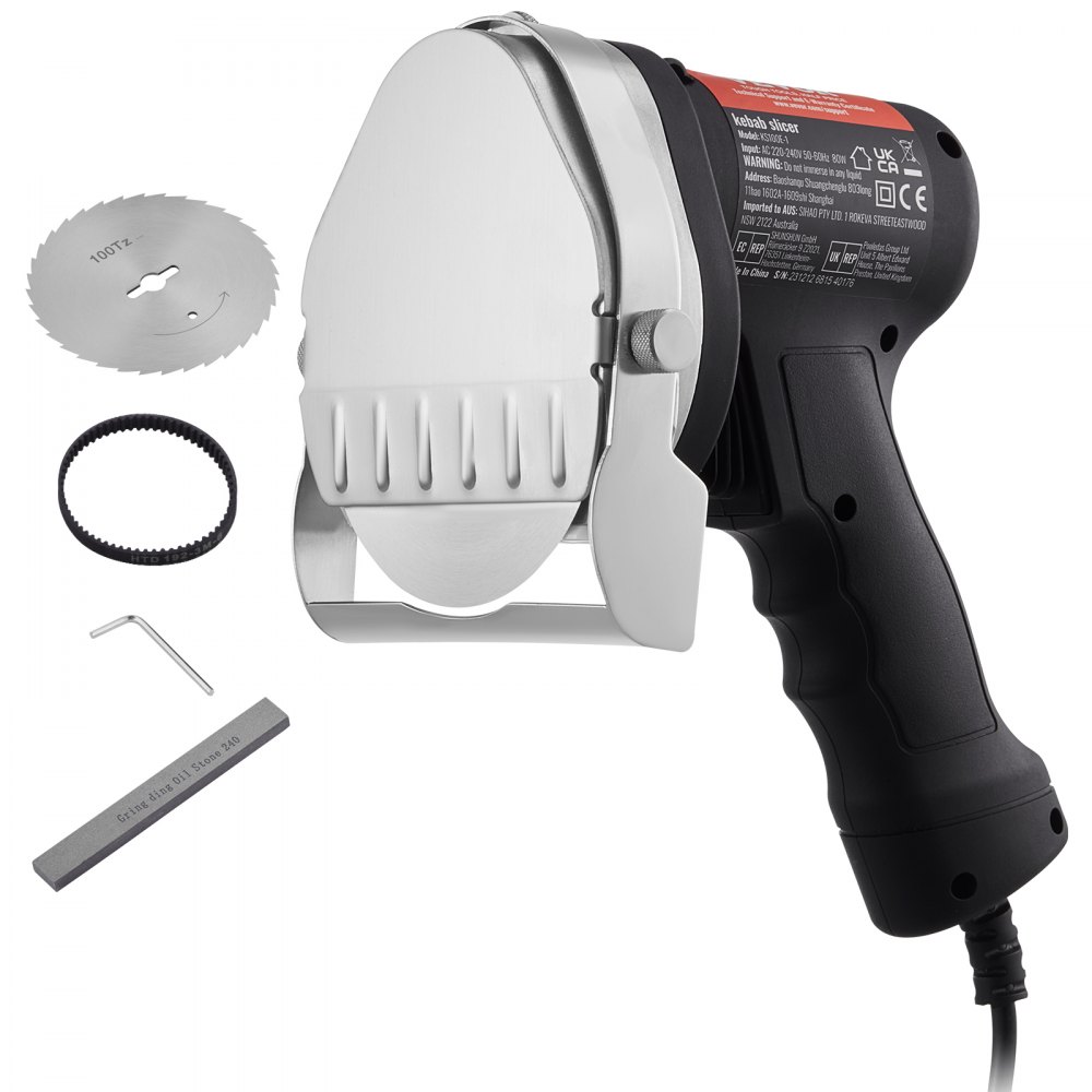 VEVOR Electric Shawarma Knife, 80W Professional Turkish Kebab Knife, Commercial Stainless Steel Gyro Cutter, Doner Kebab Meat Slicer with 2 Blades, Φ4"/100mm Blade Diameter, 0-8mm Adjustable Thickness - TEQKRD80WYBDC31TVV1
