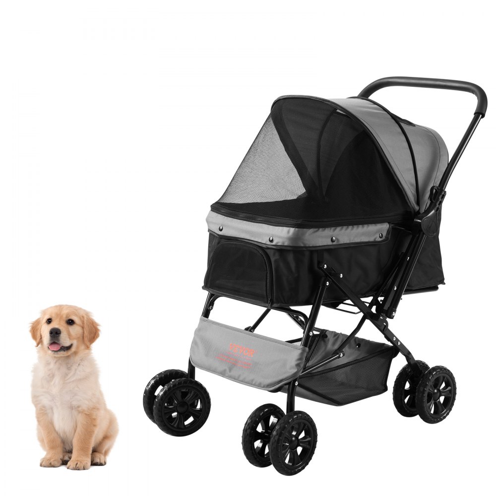 VEVOR Pet Stroller, 4 Wheels Dog Stroller Rotate with Brakes, 44lbs Weight Capacity, Puppy Stroller with Reversible Handlebar, Storage Basket and Zipper, for Dogs and Cats Travel, Black+Grey - CWTCCGK4QSHSU0H92V0