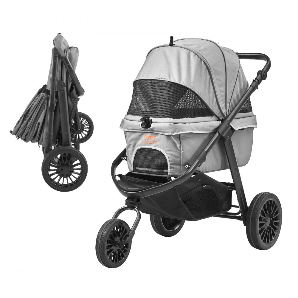 VEVOR Pet Stroller, 3 PU Wheels Dog Stroller Rotate with Brakes, 75 lbs Weight Capacity, Puppy Stroller with Pet Pad, Storage Basket and External Cup Holder, for Small to Medium Sized Dogs, Grey - CWTCCGK3QDHDKAXJCV0