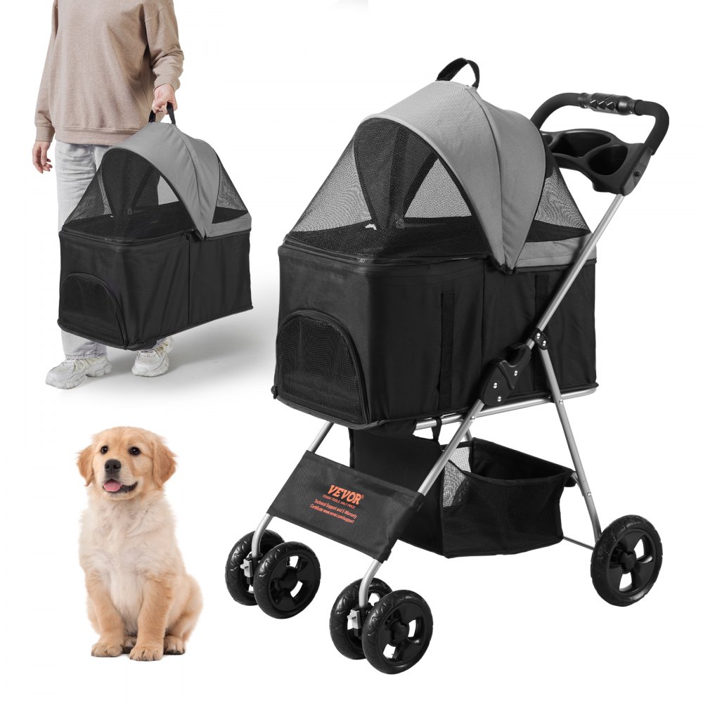 VEVOR Pet Stroller, 4 Wheels Dog Stroller Rotate with Brakes, 35lbs Weight Capacity, Puppy Stroller with Detachable Carrier, Storage Basket and Cup Holder, for Dogs and Cats Travel, Black+Dark Grey - CWTCCGK4QSHD89VDVV0
