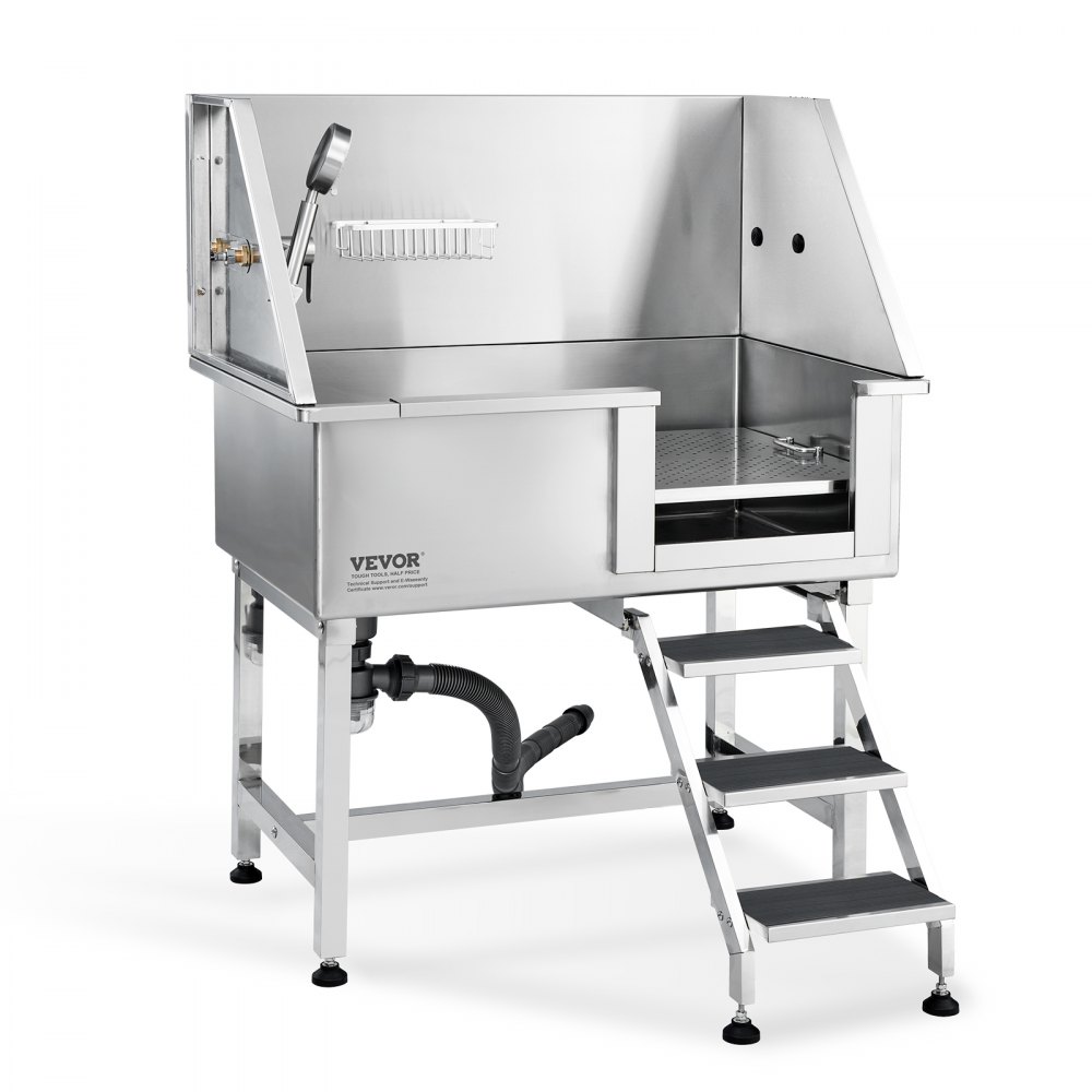 VEVOR 38" Pet Dog Bathing Station w/Ramp, Professional Stainless Steel Dog Grooming Tub w/ Storage Drawer, Floor Grate, Faucet, Dog Bathtub for Large,Medium,Small Pets, Washing Sink for Home(Right) - BXGCWYG38YHLFA377V0