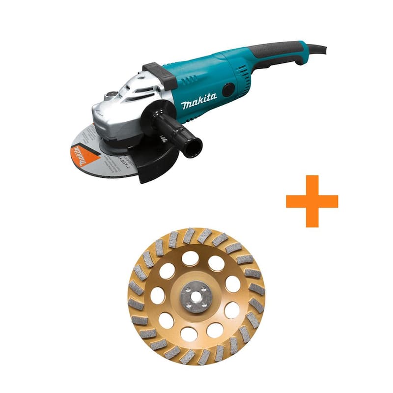 Makita 15 Amperios Cableado 7 pulgadas Amoladora Angular con Rueda de Rectificado, Mango Lateral y Protector de Rueda con Rueda de Copa de Diamante de 7 pulgadas y 24 segmentos - GA7021-A-96425