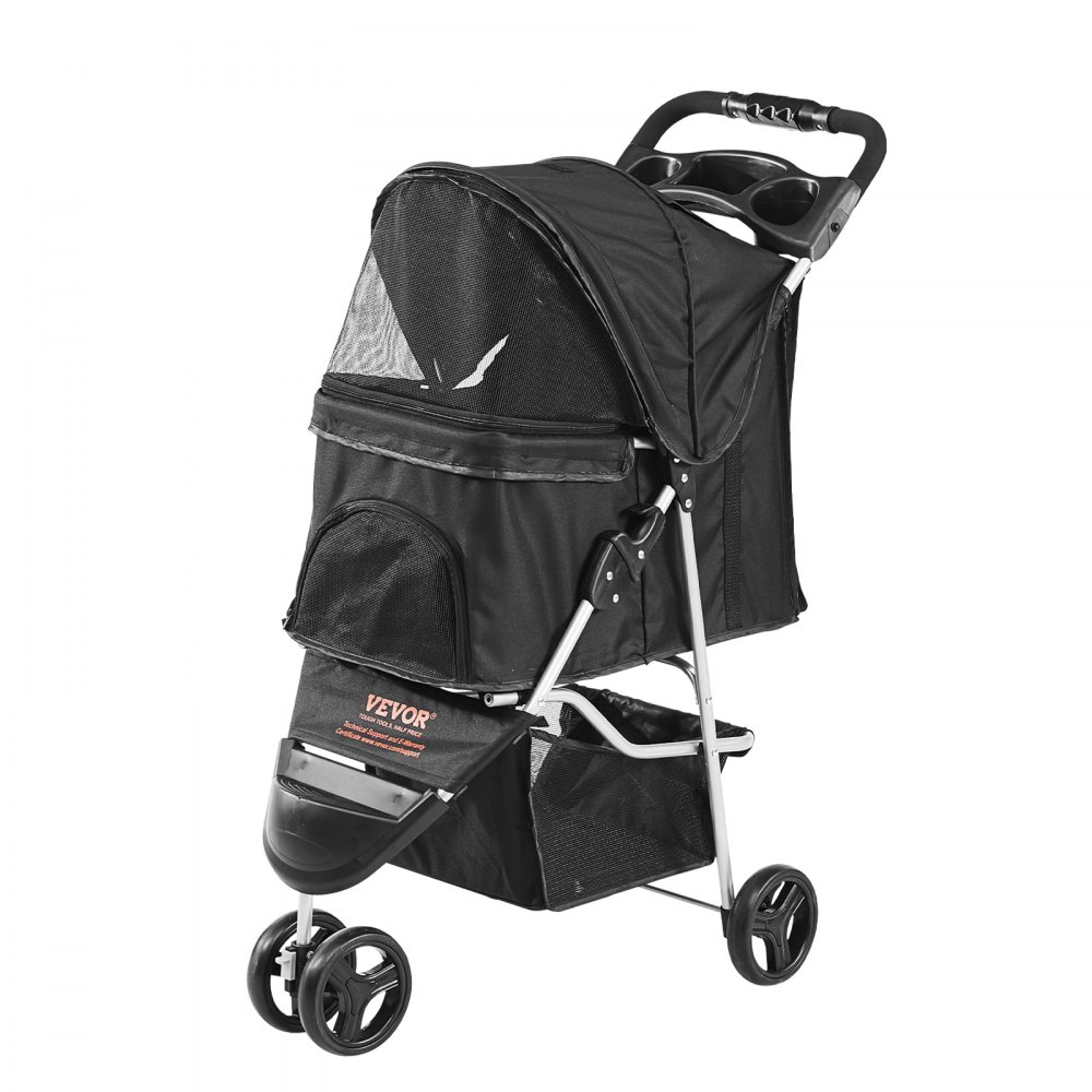 VEVOR Pet Stroller, 3 Wheels Dog Stroller Rotate with Brakes, 35lbs Weight Capacity, Puppy Stroller with Front Pedal, Velcro, Storage Basket and Cup Holder, for Dogs and Cats Travel, Black - CWTCCGK3QSHDKKH24V0