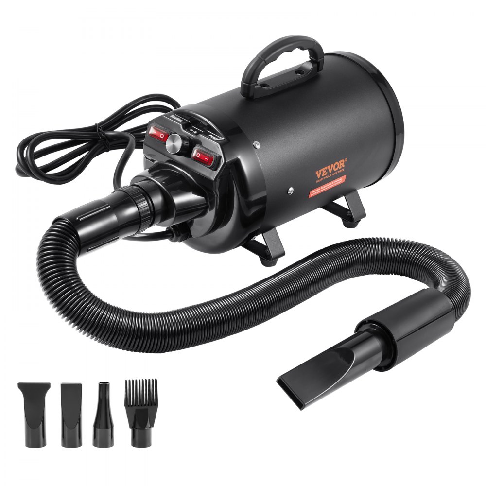 VEVOR Dog Dryer, 2800W/4.3HP Dog Blow Dryer, Pet Grooming Dryer with Adjustable Speed and Temperature Control, Pet Hair Dryer with 4 Nozzles and Extendable Hose, Black - CWHGJSTS3640MLI0VV1