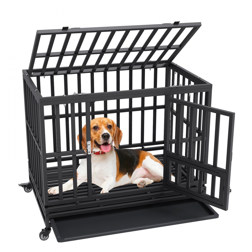 VEVOR 38 Inch Heavy Duty Dog Crate, Indestructible Dog Crate, 3-Door Heavy Duty Dog Kennel for Medium to Large Dogs with Lockable Wheels and Removable Tray, High Anxiety Dog Crate for Indoor & Outdoor - GLSYSDXPF3742TS8BV0
