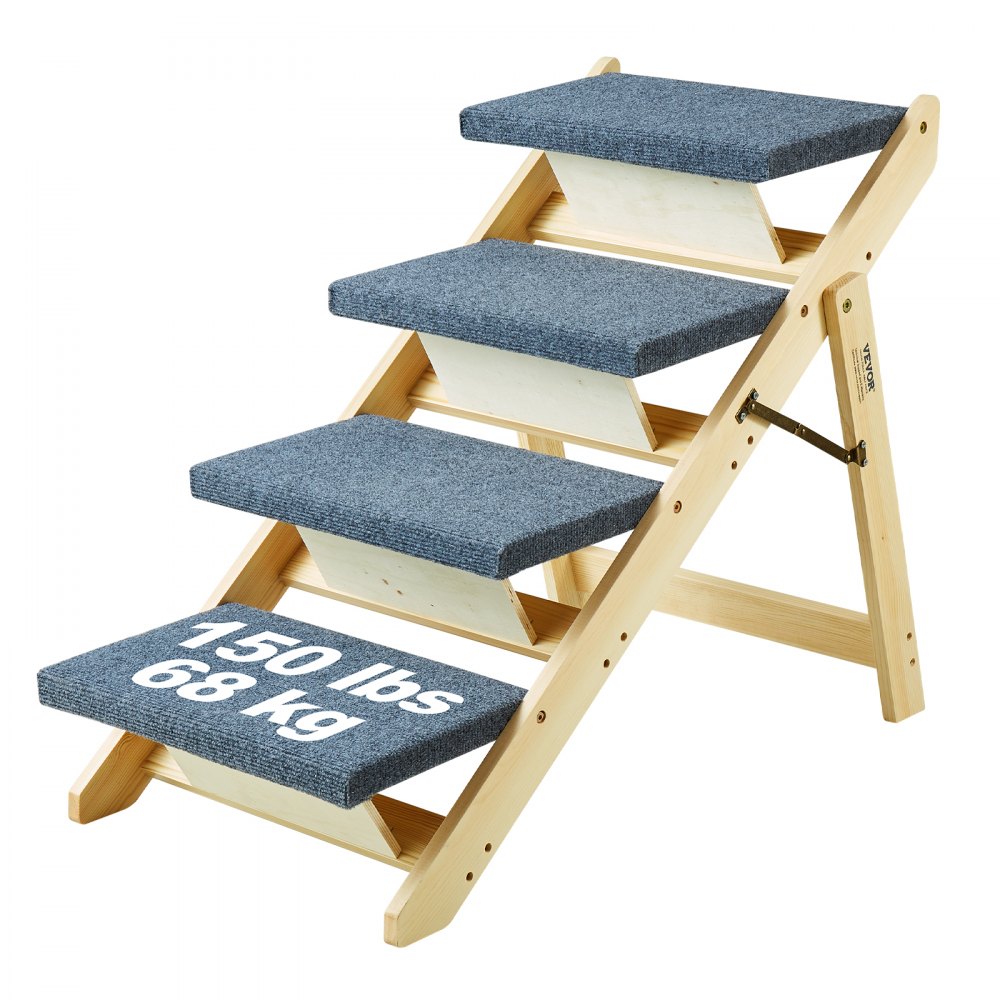 VEVOR Wood Pet Stairs/Pet Steps, 2-in-1 Foldable Wooden Dog Stair for Beds, Sofa and Cars, Dog Stairs & Ramp with 4 Steps for Small Medium Large Pet, up to 150 lbs - EHYGLT4STEP1BGE0CV0