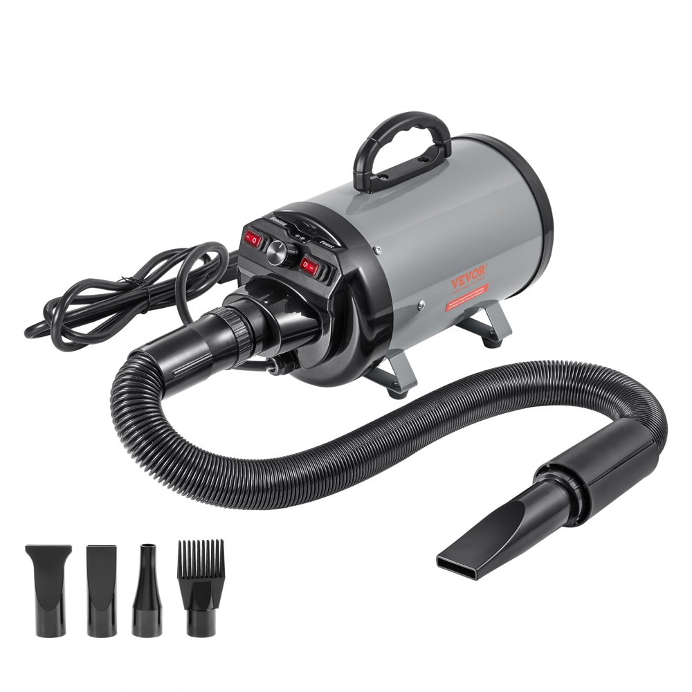 VEVOR Dog Dryer, 2800W/4.3HP Dog Blow Dryer, Pet Grooming Dryer with Adjustable Speed and Temperature Control, Pet Hair Dryer with 4 Nozzles and Extendable Hose, Grey and Black - CWHGJSTS5660NSVH4V1