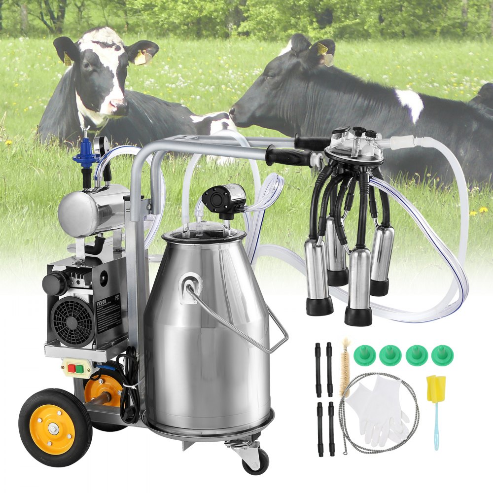 VEVOR Electric Cow Milking Machine, 6.6 Gal / 25 L 304 Stainless Steel Bucket, Automatic Pulsation Vacuum Milker, Portable Milker with Food-grade Silicone Cups and Tubes, Adjustable Pressure - YDSJNJC25L3040BN2V1