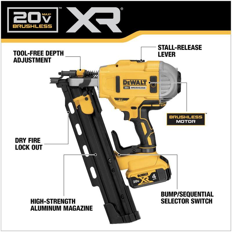 Clavadora de estructuras inalámbrica Dewalt 20V MAX XR de iones de litio sin escobillas de 2 velocidades y 21° con cargador y batería de 4.0Ah - DCN21PLM1.