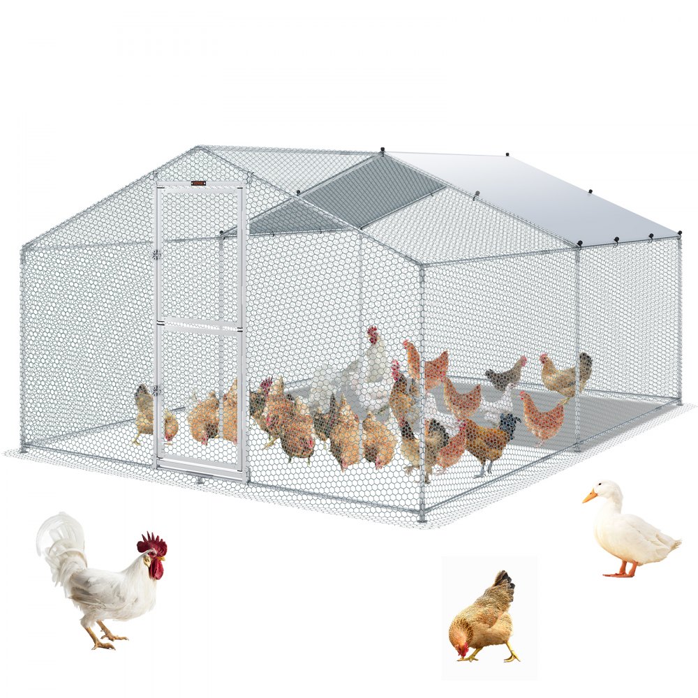VEVOR Metal Chicken Coop, 13.1 x 9.8 x 6.6 ft Large Chicken Run, Peaked Roof Outdoor Walk-in Poultry Pen Cage for Farm or Backyard, with Water-proof Cover and Protection Mesh, for Hen, Duck, Rabbit - BR131X98X64FTQ5OBV0