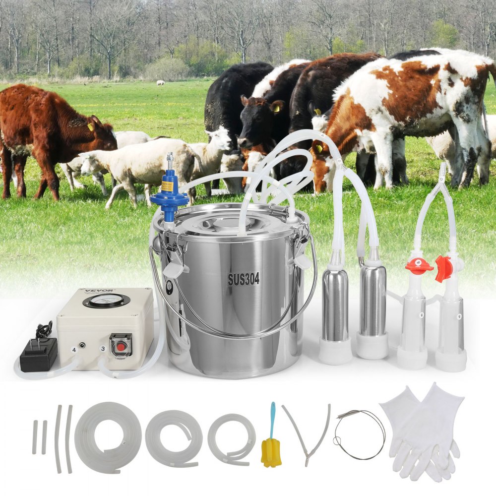 VEVOR Goat Milking Machine, 12 L 304 Stainless Steel Bucket, Electric Automatic Pulsation Vacuum Milker, Portable Milker with Food-grade Silicone Cups and Tubes, Adjustable Suction for Cows and Sheep - BXSJNJC12L304ZK8RV1