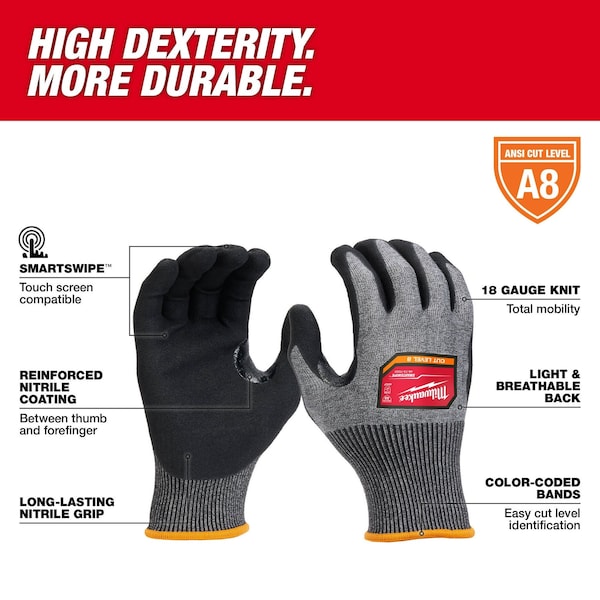 Guantes sumergidos de protección contra cortes de Milwaukee Tool, Nivel de corte A8, calibre 18, Talla L (9) - 48-73-7022B