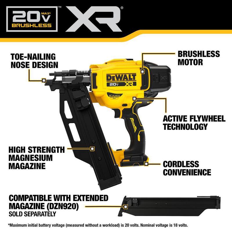 DEWALT Clavadora inalámbrica para armado con ángulo de 21° de 20 voltios (sólo herramienta) - DCN920B