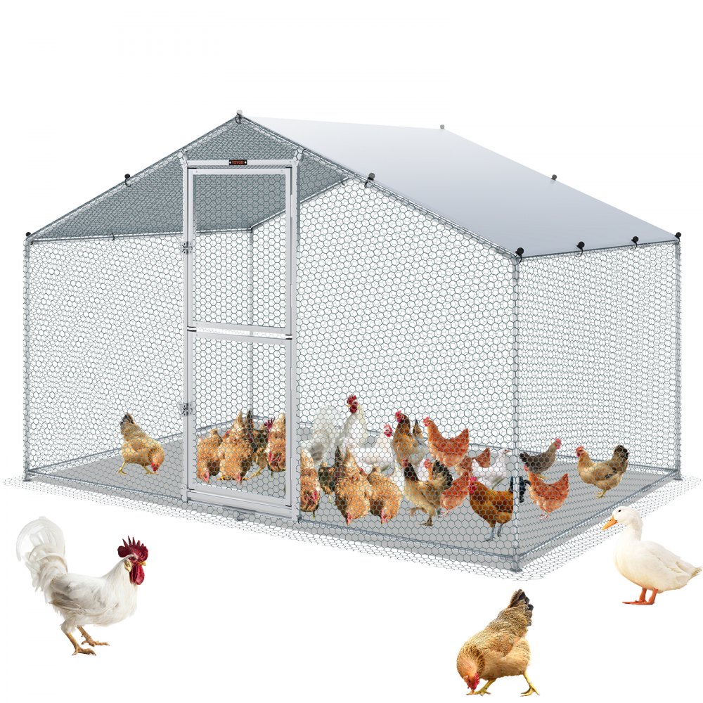 VEVOR Large Metal Chicken Coop with Run, Walkin Chicken Coop for Yard with Waterproof Cover, 6.6 x 9.8 x 6.6 ft, Peaked Roof Large Poultry Cage for Hen House, Duck Coop and Rabbit Run, Silver - BRS65X98X64FTOKUFV0