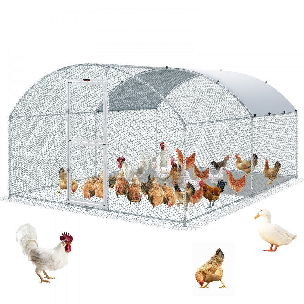 VEVOR Large Metal Chicken Coop with Run, Walkin Chicken Coop for Yard with Waterproof Cover, 13.1 x 9.8 x 6.6 ft, Dome Roof Large Poultry Cage for Hen House, Duck Coop and Rabbit Run, Silver - BR131X98X64FTARHIV0