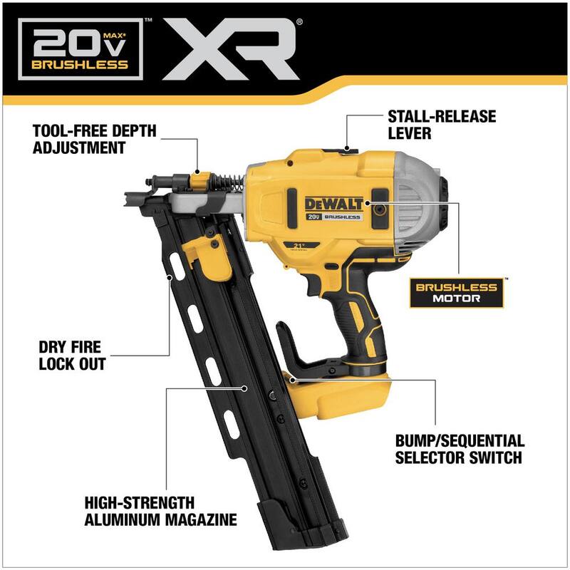 DEWALT 20V MAX XR Clavadora inalámbrica de iones de litio sin escobillas 2 velocidades 21° de plástico (herramienta solamente) - DCN21PLB