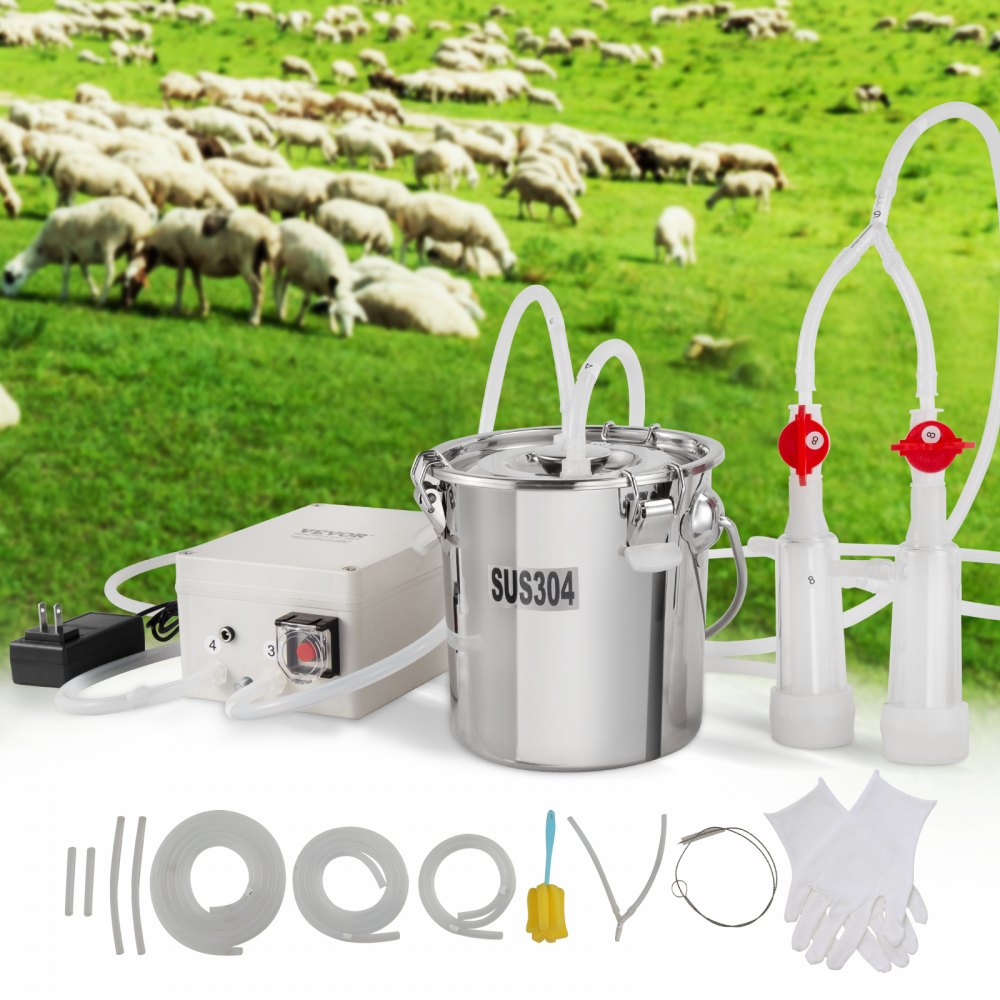 VEVOR Goat Milking Machine, 3 L 304 Stainless Steel Bucket, Electric Automatic Pulsation Vacuum Milker, Portable Milker with Food-grade Silicone Cups and Tubes, Adjustable Suction for Sheep - BXSJNJCD3L3042GL5V1