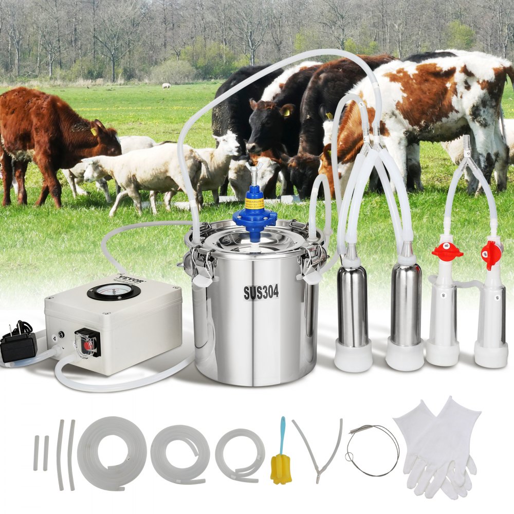 VEVOR Goat Milking Machine, 6 L 304 Stainless Steel Bucket, Electric Automatic Pulsation Vacuum Milker, Portable Milker with Food-grade Silicone Cups and Tubes, Adjustable Suction for Cows and Sheep - BXSJNJCD6L304JYI9V1