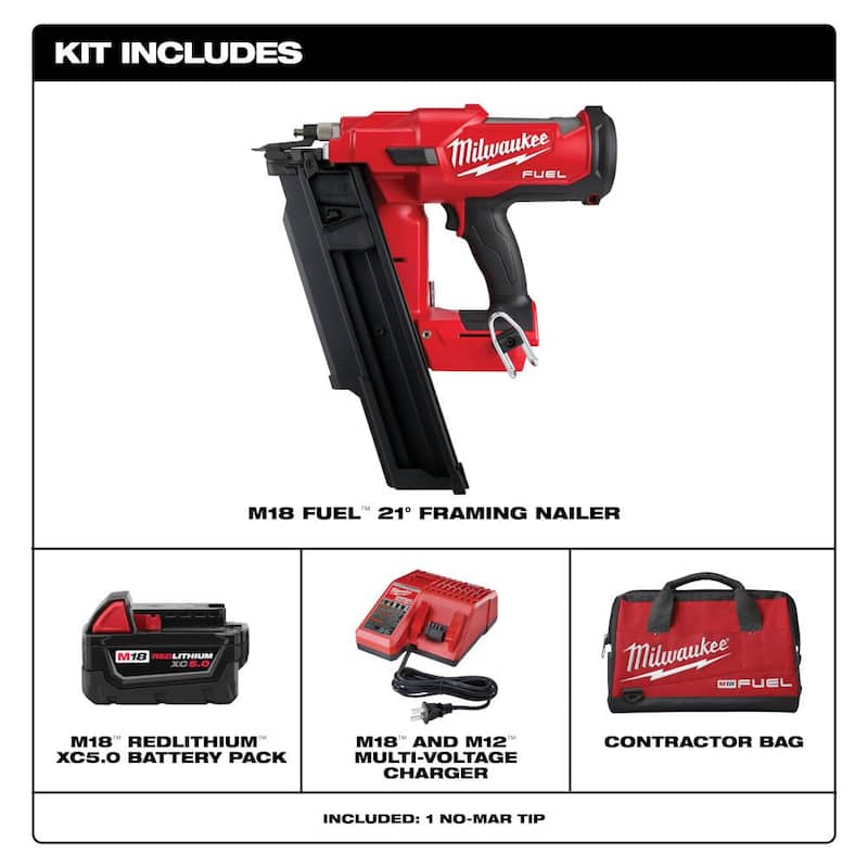Milwaukee M18 FUEL 3-1/2 pulgadas 18-Voltios 21 grados Iones de Litio sin escobillas Clavadora para Armazones Inalámbrica Kit con Batería de 5.0 Ah, Cargador, Bolsa - 2744-21