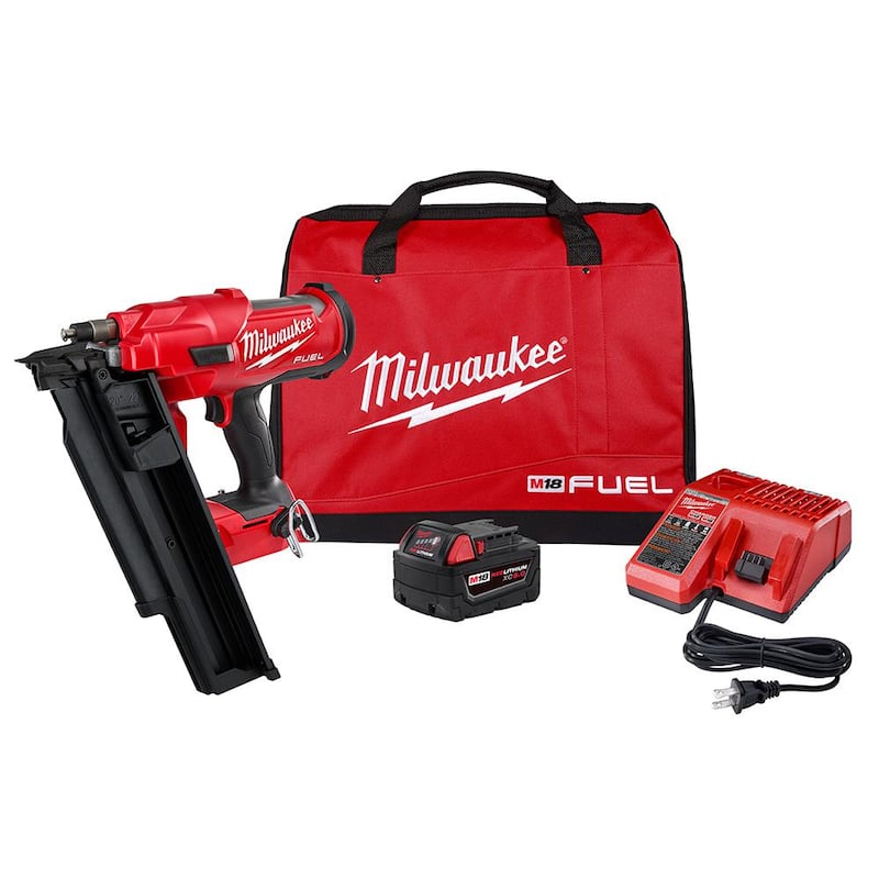 Milwaukee M18 FUEL 3-1/2 pulgadas 18-Voltios 21 grados Iones de Litio sin escobillas Clavadora para Armazones Inalámbrica Kit con Batería de 5.0 Ah, Cargador, Bolsa - 2744-21
