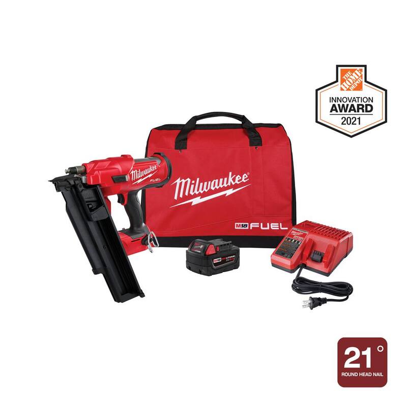 Milwaukee M18 FUEL 3-1/2 pulgadas 18-Voltios 21 grados Iones de Litio sin escobillas Clavadora para Armazones Inalámbrica Kit con Batería de 5.0 Ah, Cargador, Bolsa - 2744-21