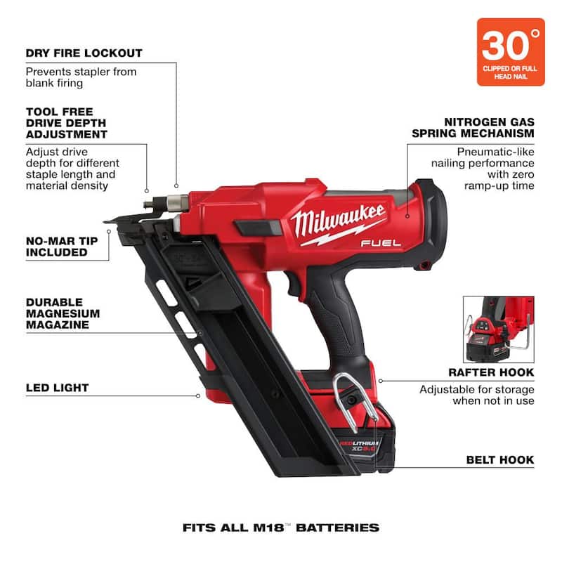 Milwaukee M18 FUEL 3-1/2 in. 18-Volt 30-Degree Lithium-Ion Brushless Cordless Framing Nailer Kit with 5.0 Ah Battery Charger, Bag - 2745-21

Milwaukee M18 FUEL 3-1/2 pulgadas 18 voltios 30 grados Kit de clavadora para marcos inalámbrica sin escobillas de iones de litio con cargador de batería de 5.0 Ah, bolsa - 2745-21