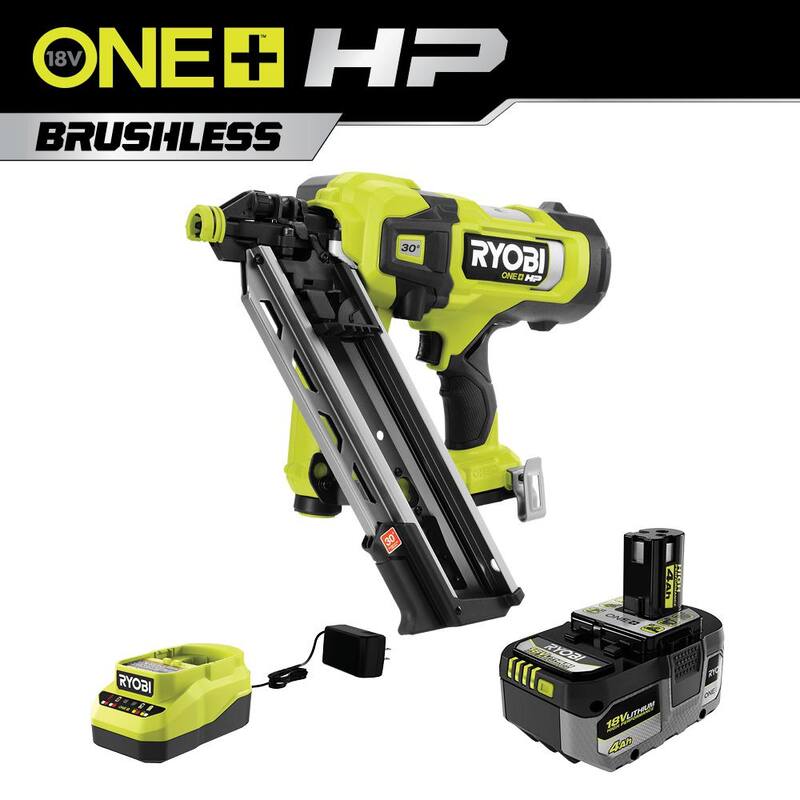 RYOBI ONE+ HP 18V Clavadora inalámbrica sin escobillas de 30° para armazones con kit de batería de alto rendimiento de 4.0 Ah y cargador - PBL350K