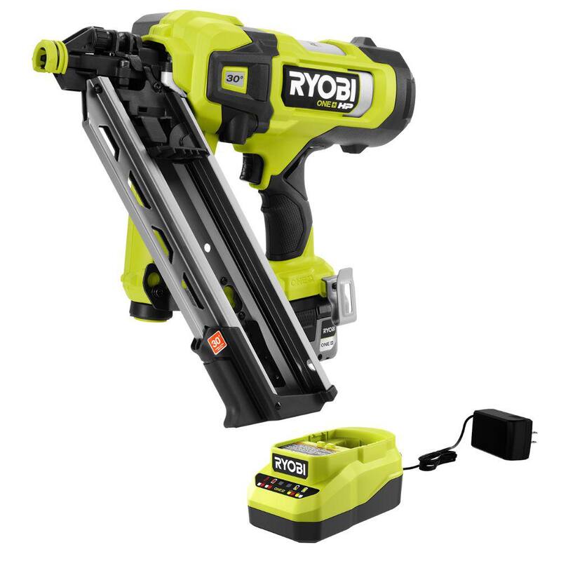 RYOBI ONE+ HP 18V Clavadora inalámbrica sin escobillas de 30° para armazones con kit de batería de alto rendimiento de 4.0 Ah y cargador - PBL350K