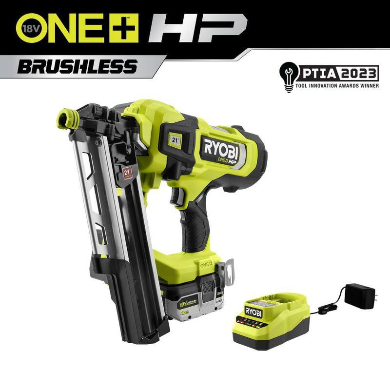 RYOBI ONE+ HP Clavadora de Armazón sin Escobillas Inalámbrica a 21° con Kit de Batería de Alto Rendimiento de 4.0 Ah y Cargador - PBL345K