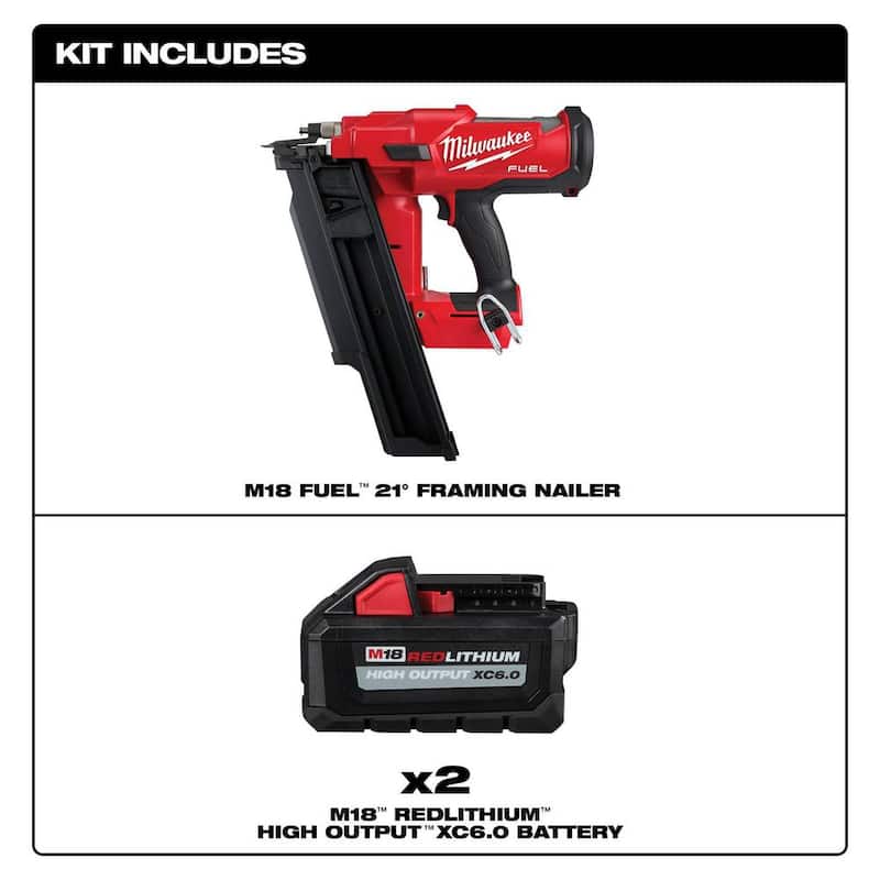 Milwaukee M18 FUEL Clavadora inalámbrica angular sin escobillas de 21 grados de litio-ion de 18 voltios de 3-1/2 pulgadas con paquete de 2 baterías de 6.0ah - 2744-20-48-11-1862.