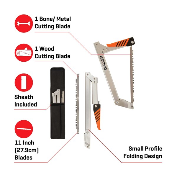 Allen Co Huntsman Folding Saw & Sheath, 1 Wood Blade & 1 Bone/Metal Blade, 11 in. Blades, Gray/Orange/Black - 18920