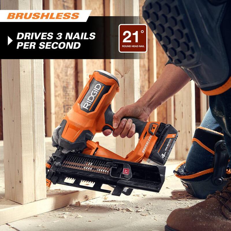 Clavadora de armazones inalámbrica sin escobillas RIDGID 18V de 21° y 3-1/2 pulgadas con batería de iones de litio de 18V y 4.0 Ah - R09894B-AC87004