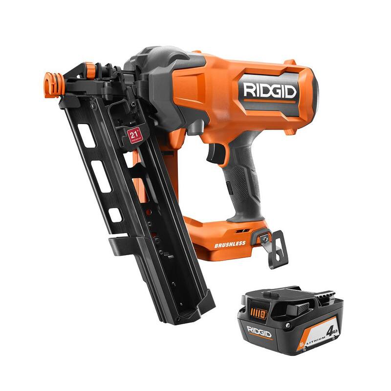 Clavadora de armazones inalámbrica sin escobillas RIDGID 18V de 21° y 3-1/2 pulgadas con batería de iones de litio de 18V y 4.0 Ah - R09894B-AC87004