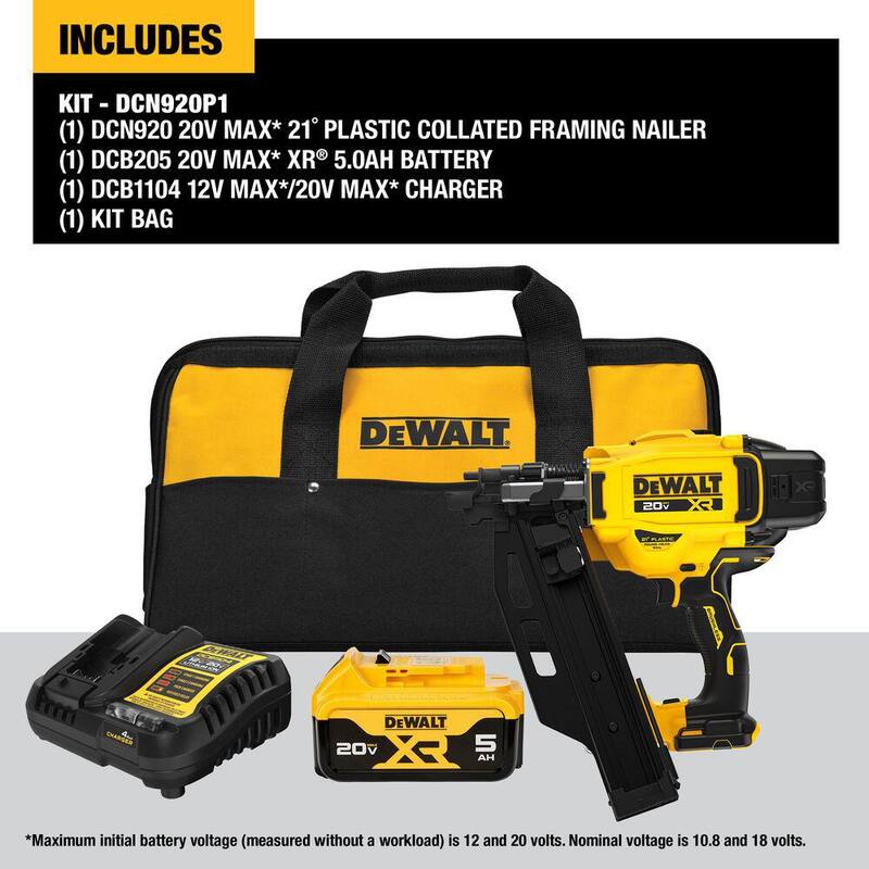 Clavadora de armazones inalámbrica DEWALT de 20 voltios a 21 grados con batería de iones de litio de 5.0 Ah y cargador - DCN920P1.